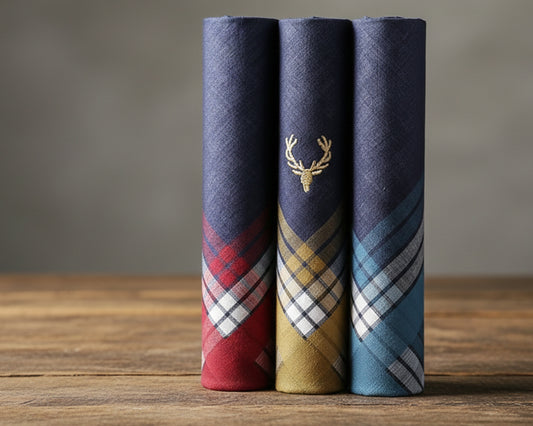 Three rolled-up plaid fabrics with a deer emblem on a wooden surface