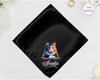 A midnight onyx black high-lustre satin pocket square customized with "Amelia" and a high-definition painterly multi-colored cat portrait.