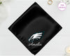 A midnight onyx black luxury satin pocket square customized with the name "Amelia" below a high-definition vinyl Philadelphia Eagles team icon.