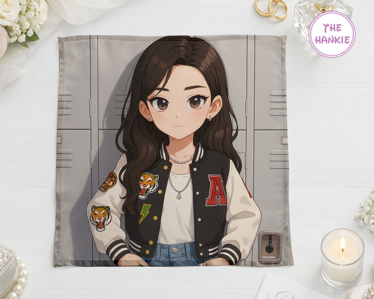 Illustrated character wearing a varsity jacket with patches on a white background