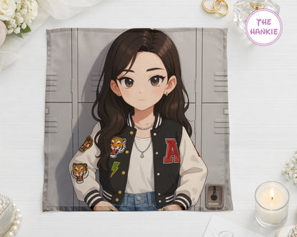 Illustrated character wearing a varsity jacket with patches on a white background
