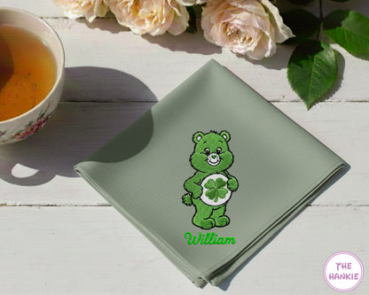 A soft GREEN premium cotton handkerchief featuring the name "WILLIAM" and a large, vibrant white and GREEN  embroidered BEAR