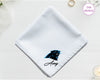 A crisp white cotton handkerchief personalized with "Avery" below a high-definition blue and black Carolina Panthers NFL team icon vinyl print.