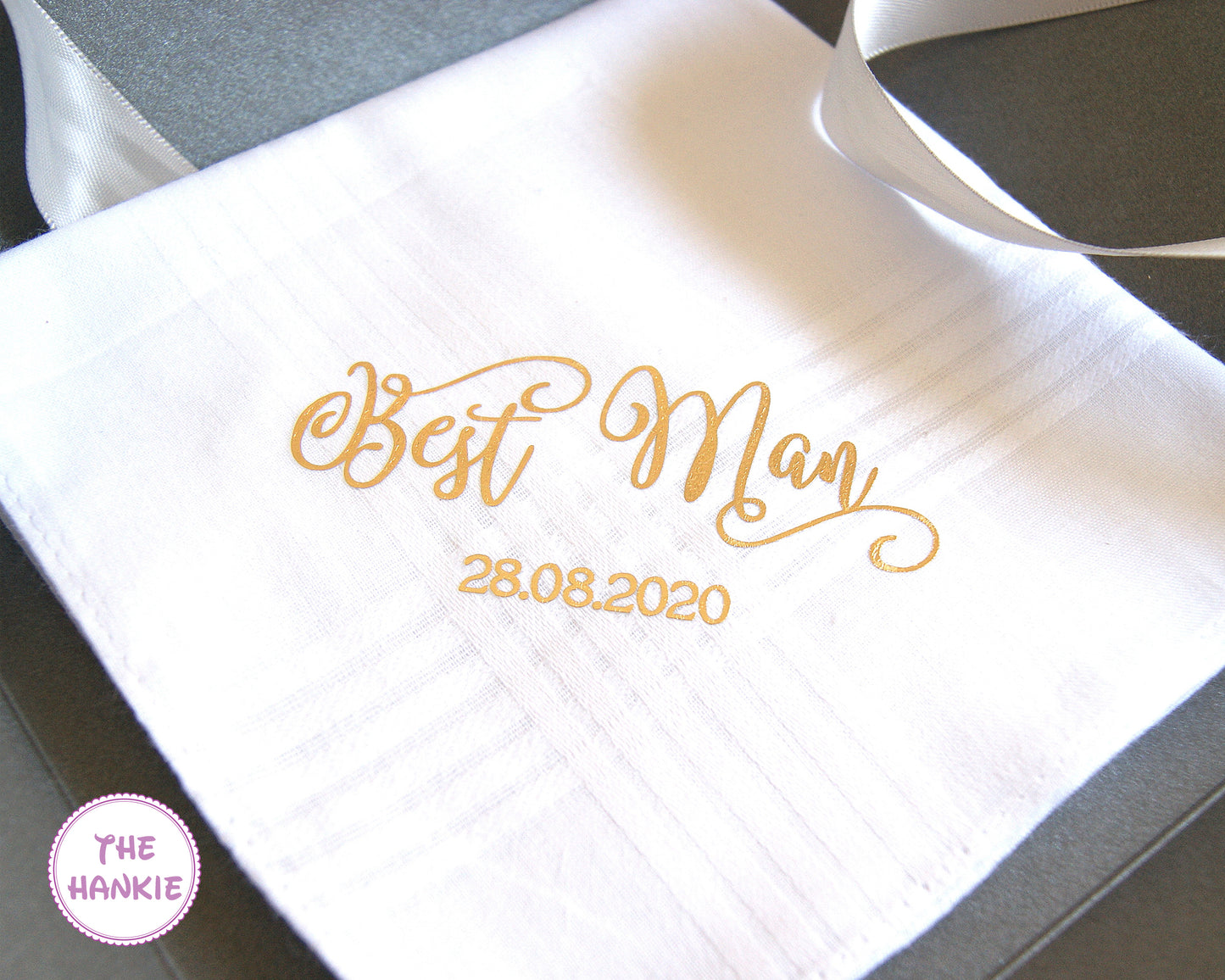 Best Man embroidered wedding handkerchief with gold lettering and wedding date 28.08.2020