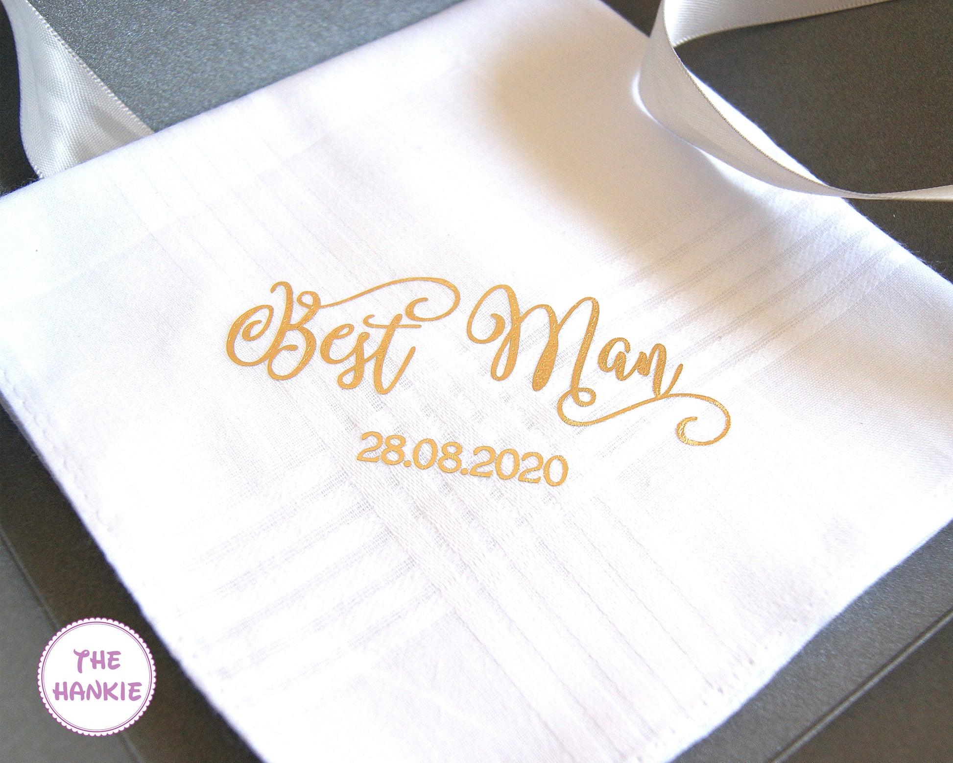 Best Man embroidered wedding handkerchief with gold lettering and wedding date 28.08.2020