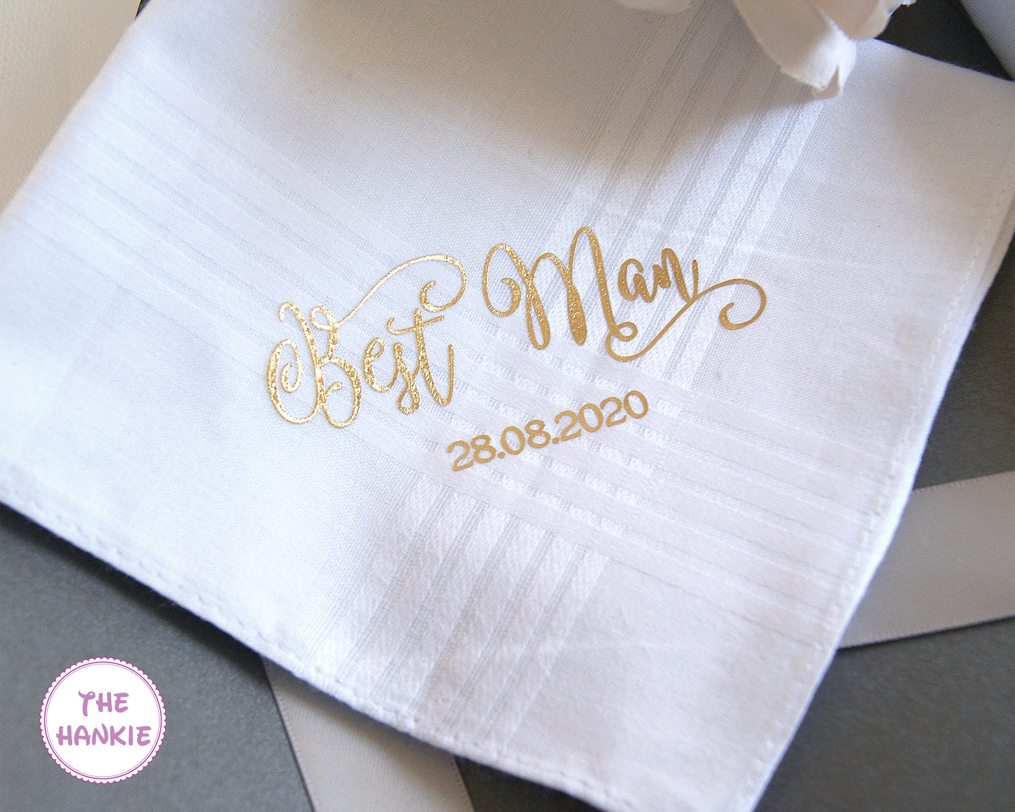 Personalized Best Man wedding handkerchief with elegant gold script and custom date