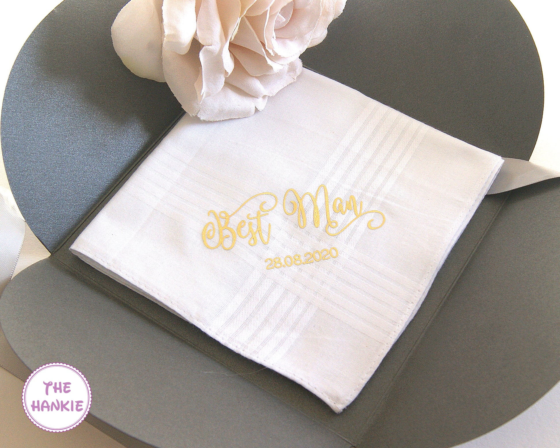 Best Man personalized wedding handkerchief with gold foil lettering and wedding date