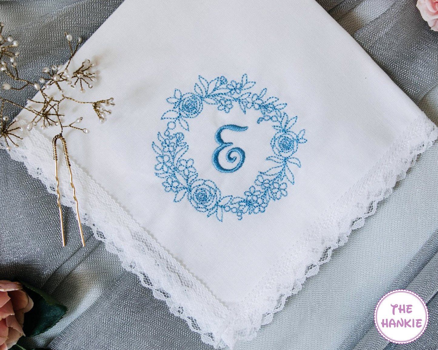 Blue floral wreath initial E embroidered wedding handkerchief with lace border