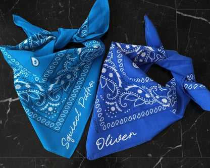 Light blue paisley handkerchief featuring the name "Leo" in white chain stitch embroidery