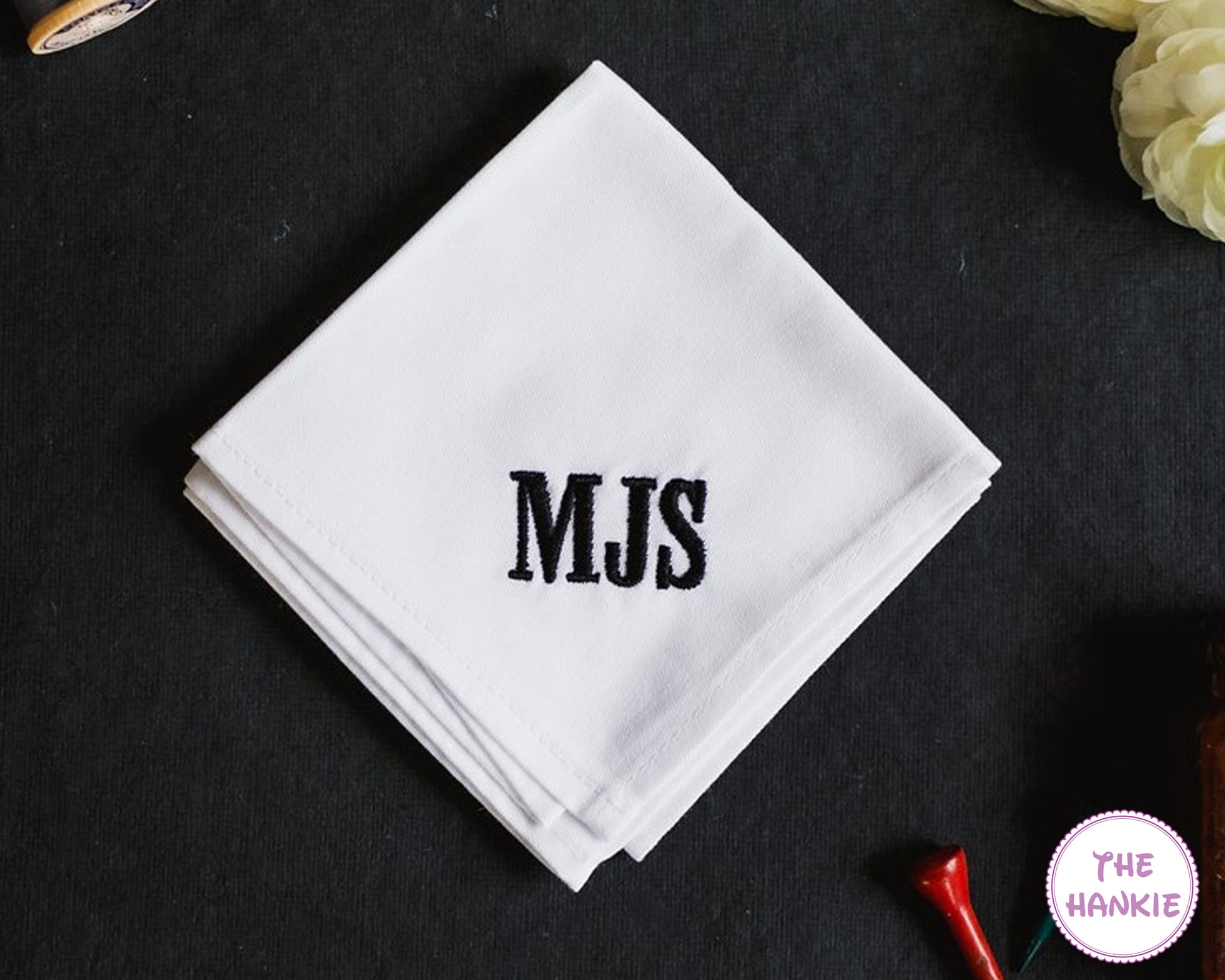 Personalized white handkerchief with oval frame monogram embroidery