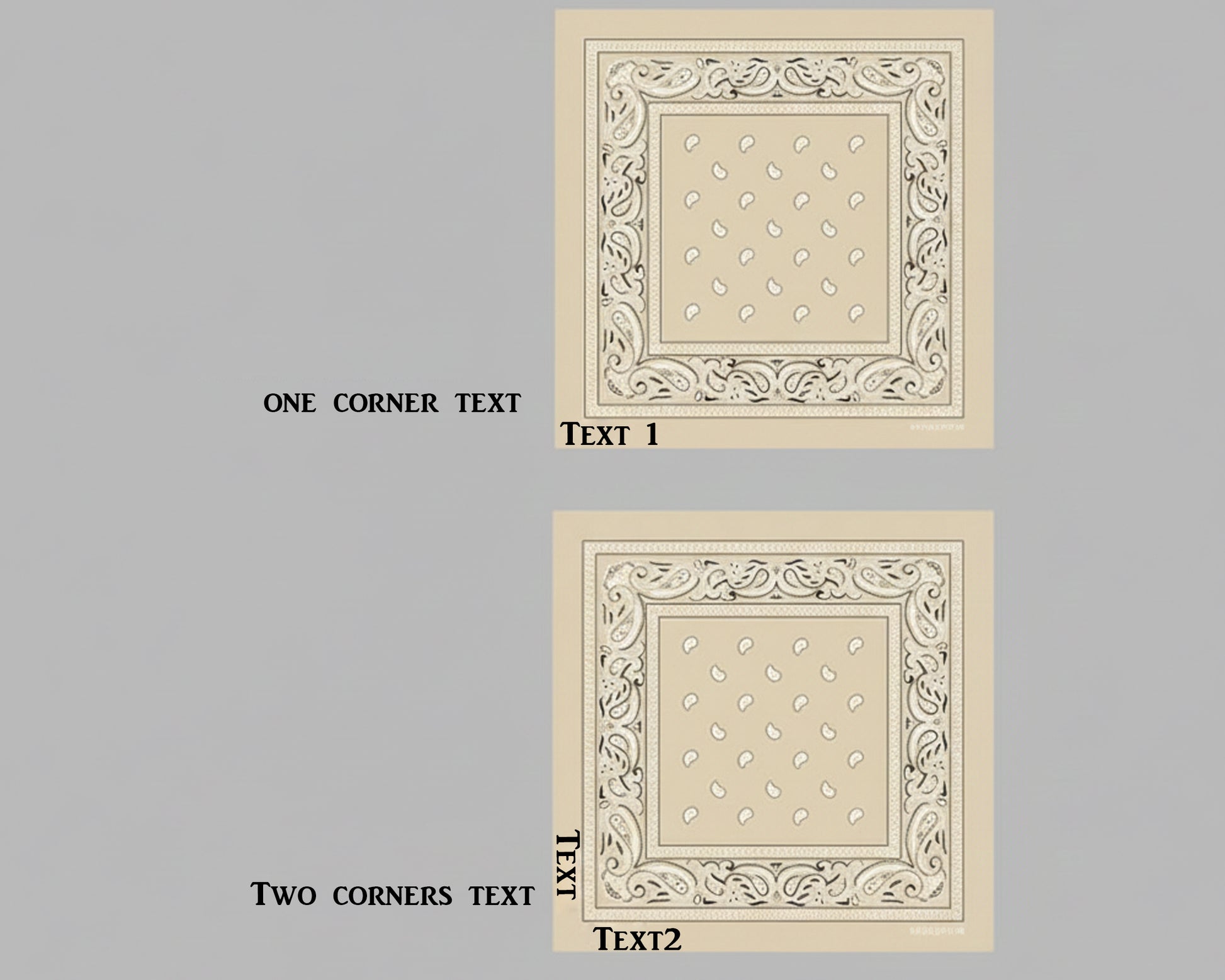 A diagram showing the layout for one corner and two corner custom text placement on a beige paisley bandana