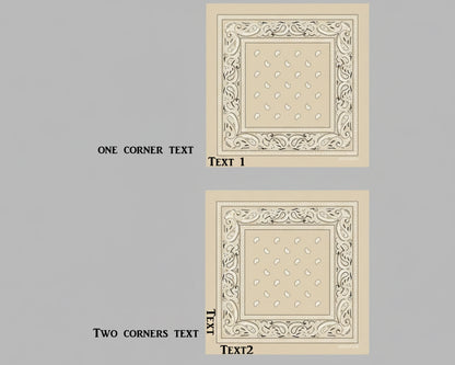 A diagram showing the layout for one corner and two corner custom text placement on a beige paisley bandana