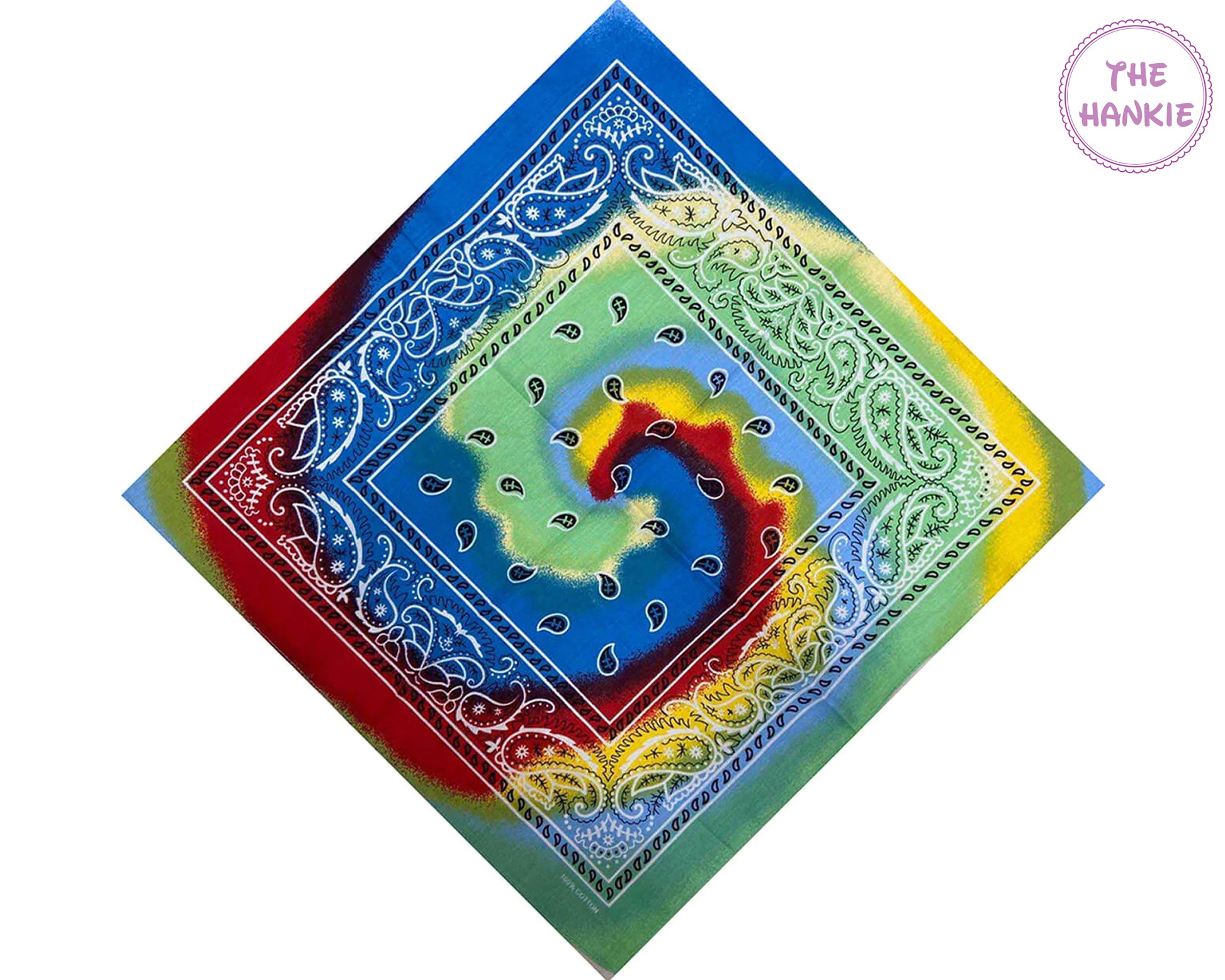 Colorful bandana with a paisley pattern on a white background, branded 'The Hankie'.