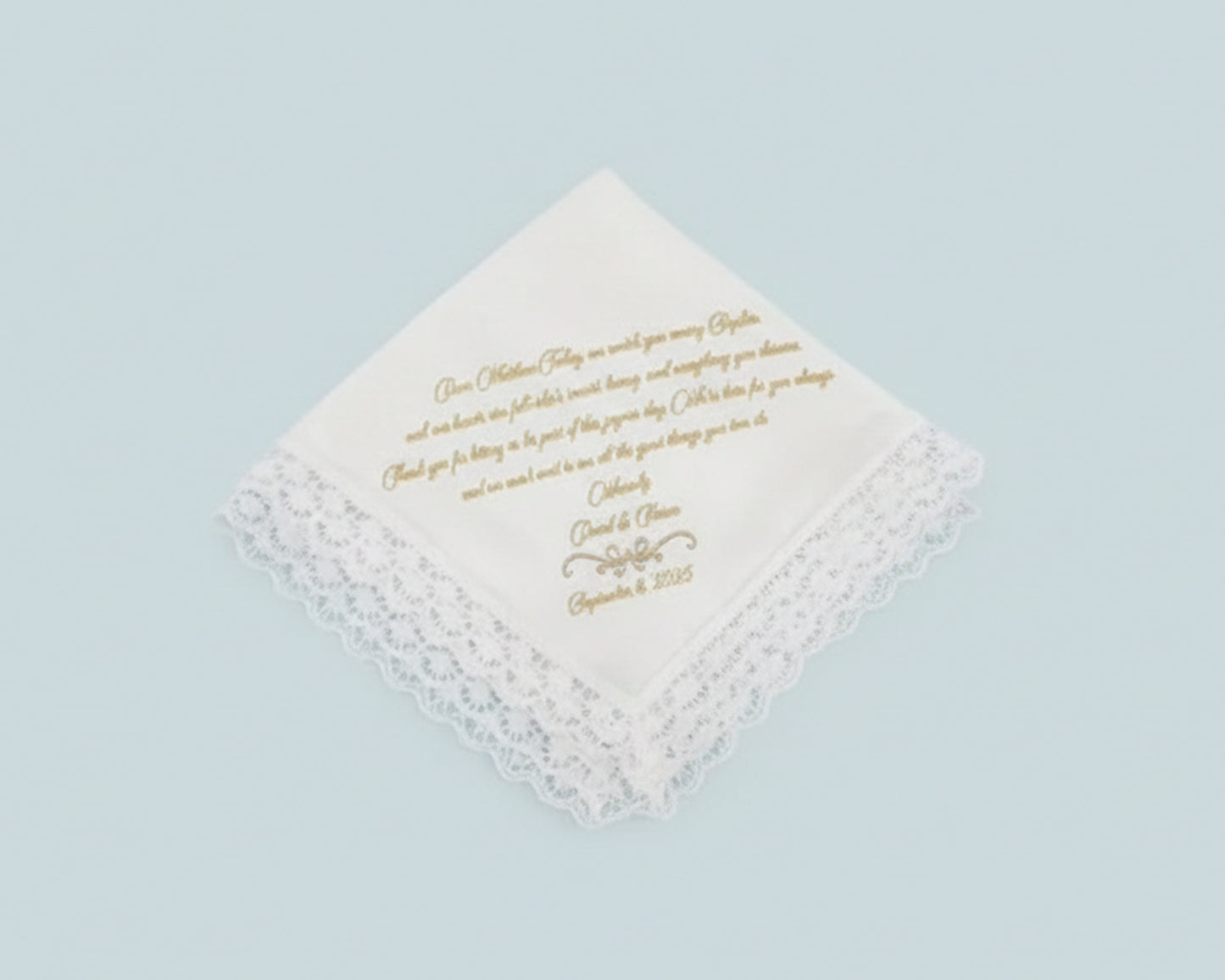 Matching set of large dinner and small cocktail napkins in white cotton with identical custom embroidery