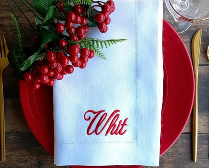 Luxury linen-cotton dinner napkin with a delicate blue ribbon bow and custom name embroidery