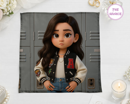 A personalized white handkerchief featuring a custom 3D cinematic style illustration of a couple on a picnic.