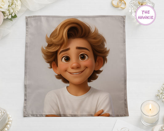 A personalized white handkerchief featuring a custom 3D storybook style illustration of a smiling boy.