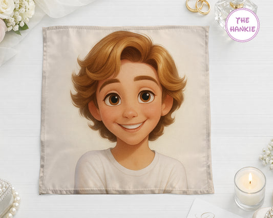 Single premium handkerchief featuring a custom hand-drawn anime character illustration of a smiling boy with blond hair.