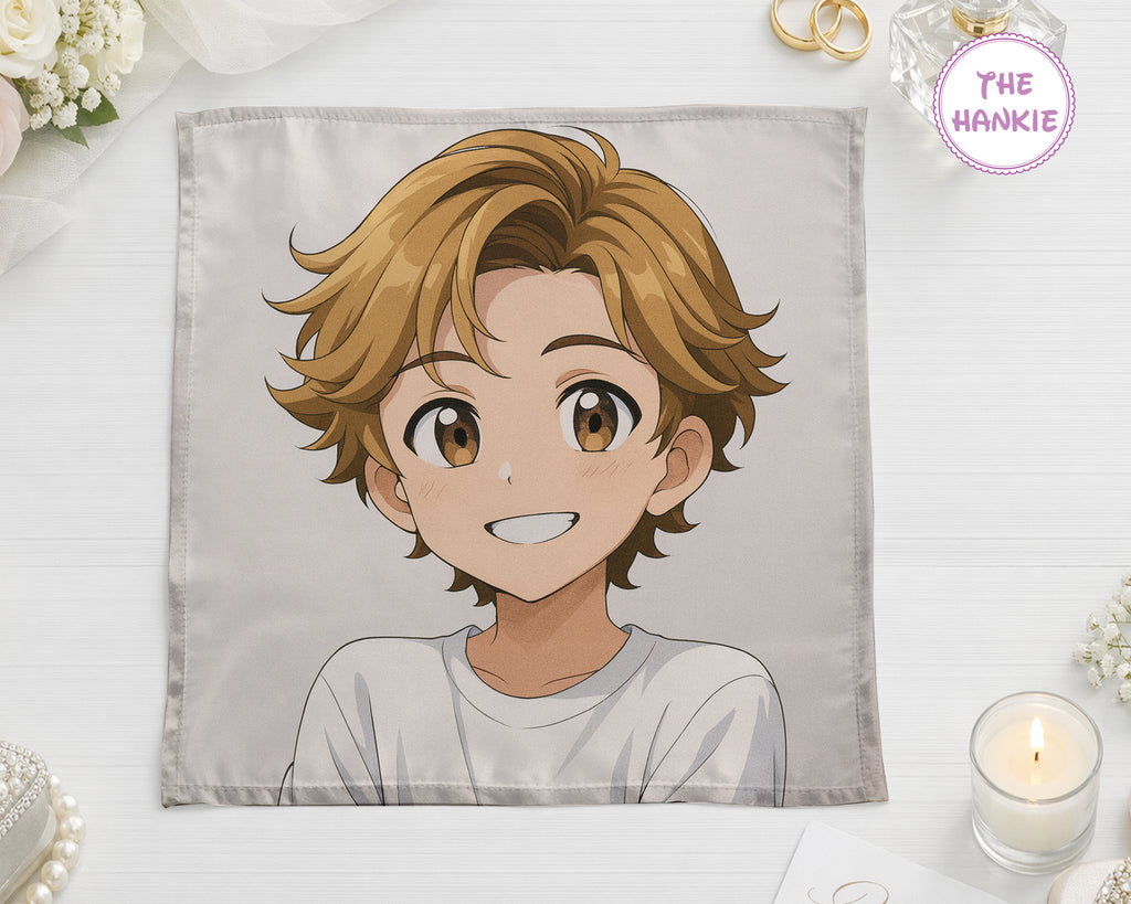 Single premium handkerchief featuring a custom anime character illustration of a smiling boy with blond hair.