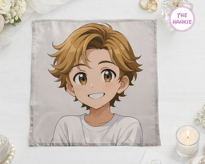 Single premium handkerchief featuring a custom anime character illustration of a smiling boy with blond hair.