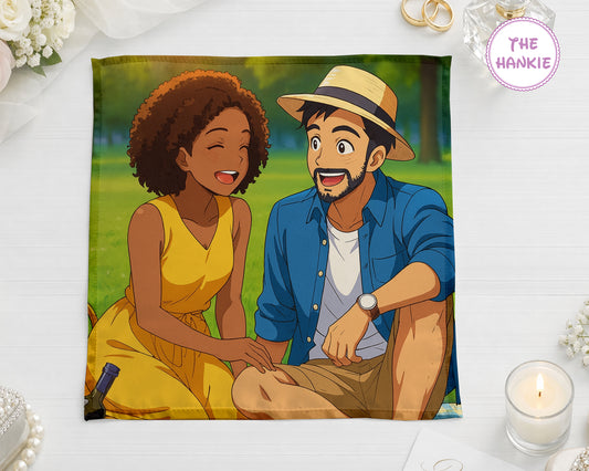 A personalized white handkerchief featuring a custom anime-style illustration of a couple on a picnic.