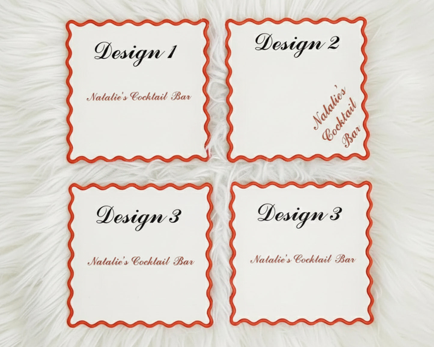 A layout guide showing four different text placement options for personalized cocktail napkins featuring the name Natalie’s Cocktail Bar.