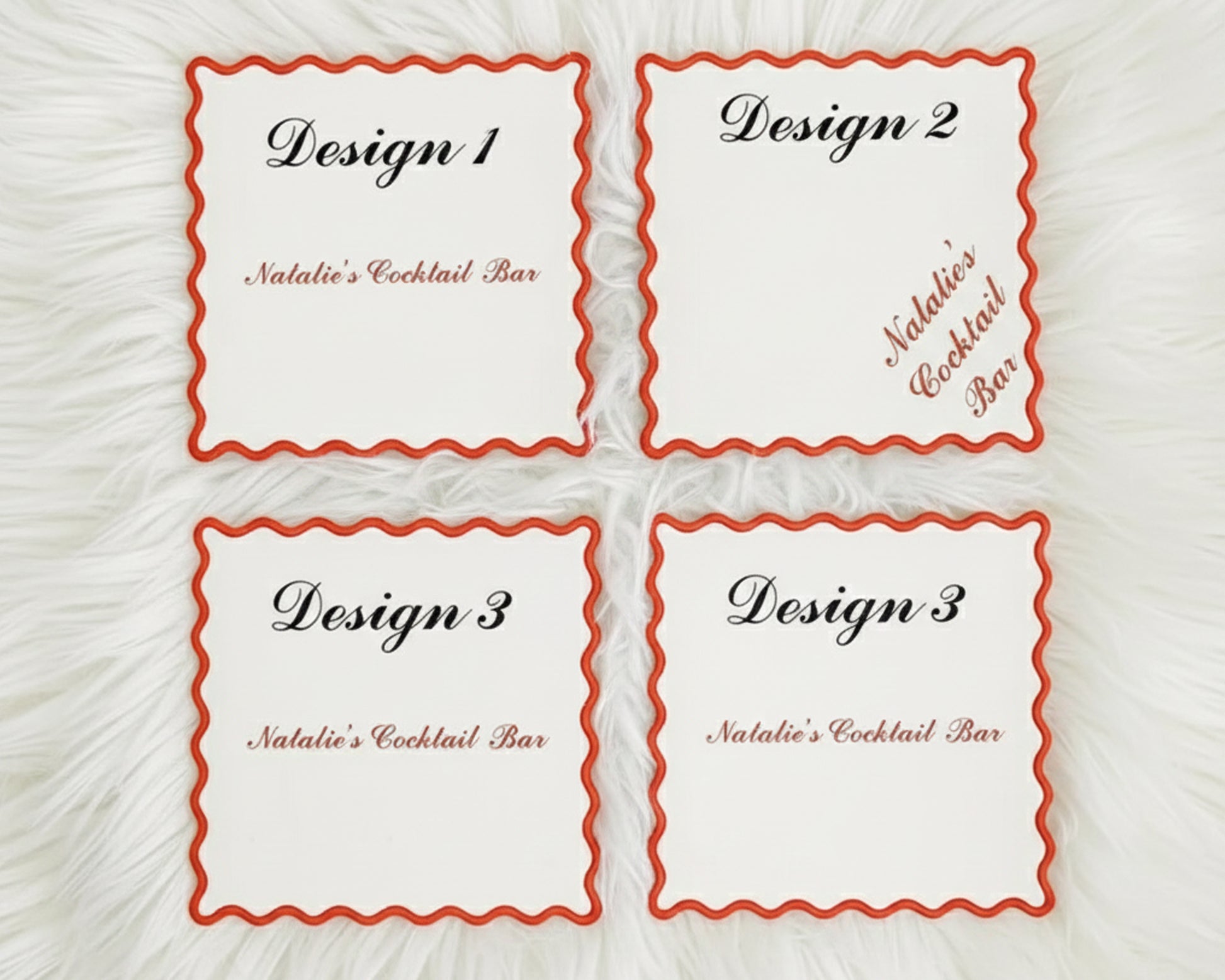 A layout guide showing four different text placement options for personalized cocktail napkins featuring the name Natalie’s Cocktail Bar.