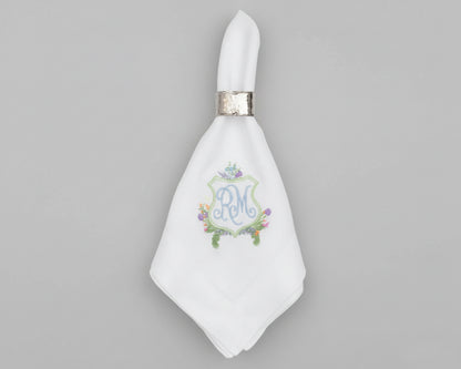 Custom embroidered cotton napkin featuring elegant gold classic monogram initials