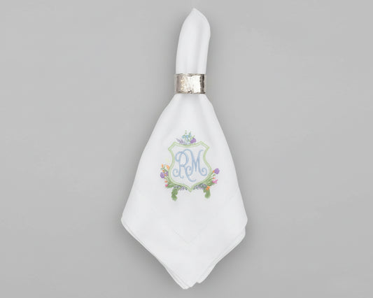 Custom embroidered cotton napkin featuring elegant gold classic monogram initials