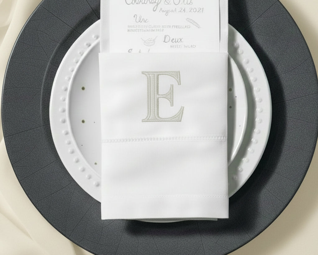 Custom embroidered cotton napkin with classic letter E monogram on elegant table setting
