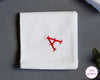 Custom embroidered white cotton handkerchief with red letter A initial monogram