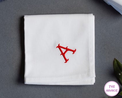 Custom embroidered white cotton handkerchief with red letter A initial monogram