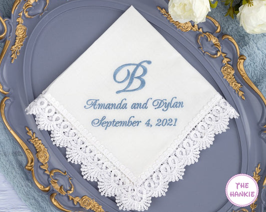 Custom embroidered wedding handkerchief with floral crest monogram and lace border