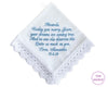 Custom embroidered lace wedding handkerchief with heartfelt message presented as a bridal gift