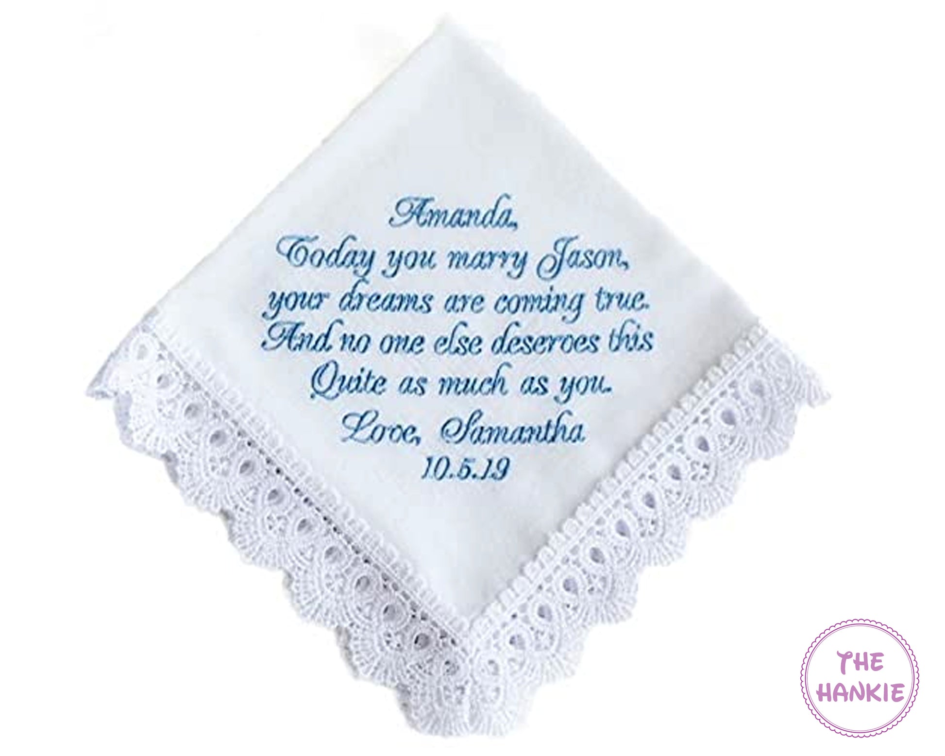 Custom embroidered lace wedding handkerchief with heartfelt message presented as a bridal gift