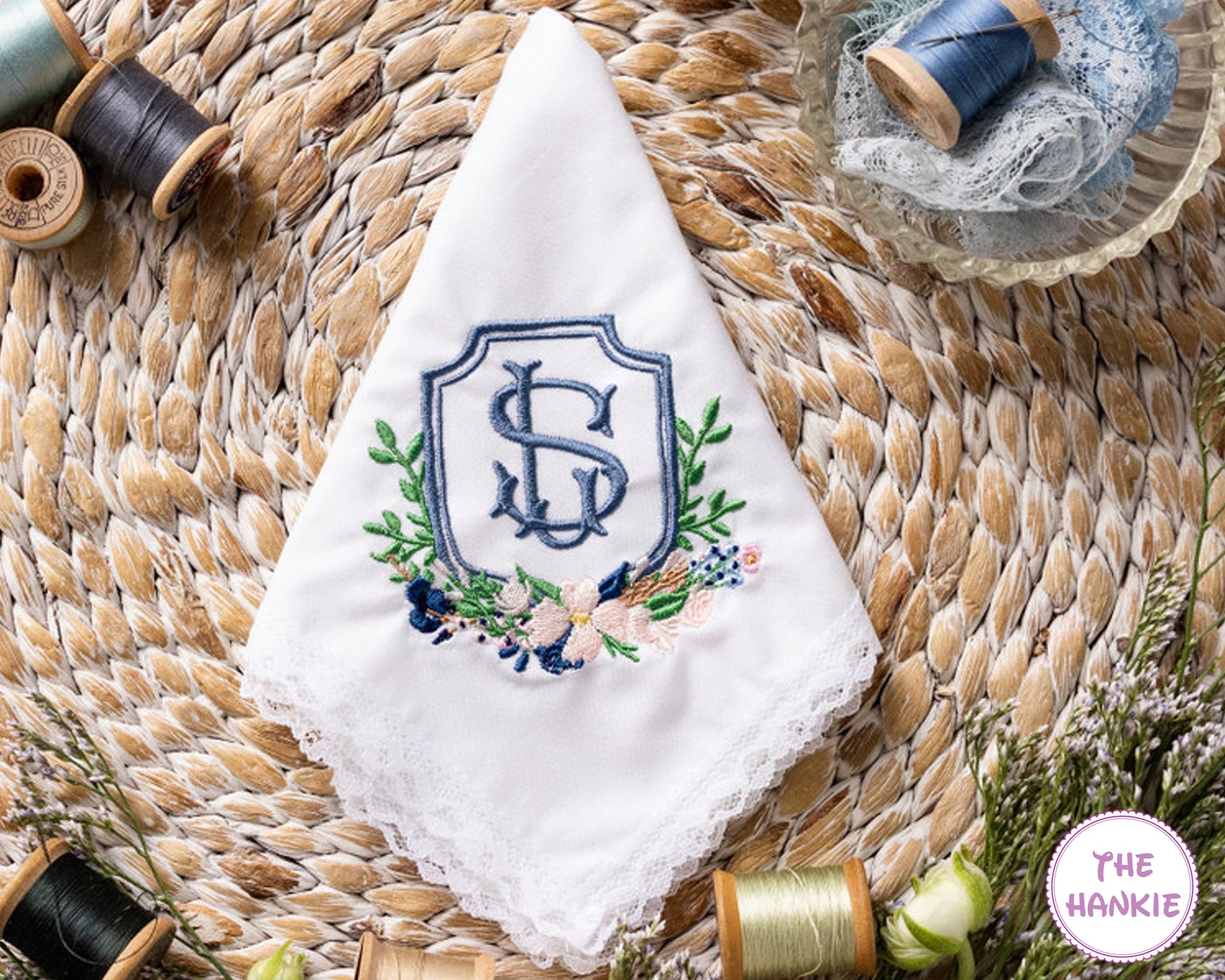 Custom embroidered floral crest monogram wedding handkerchief with lace edges