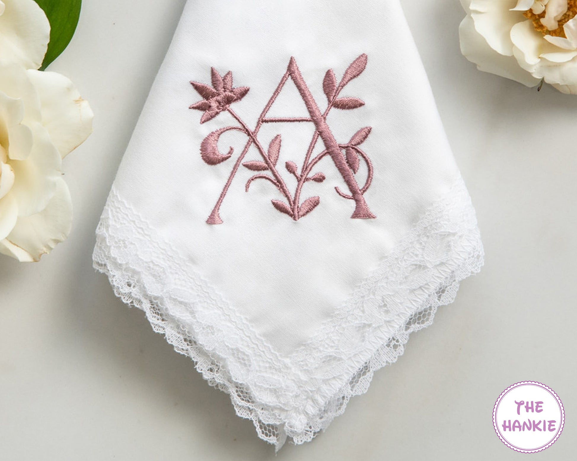 Custom floral monogram A embroidered wedding handkerchief with lace border