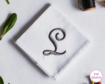 Custom white cotton handkerchief with elegant embroidered script initial monogram