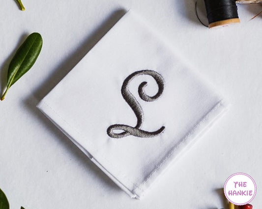 Custom white cotton handkerchief with elegant embroidered script initial monogram