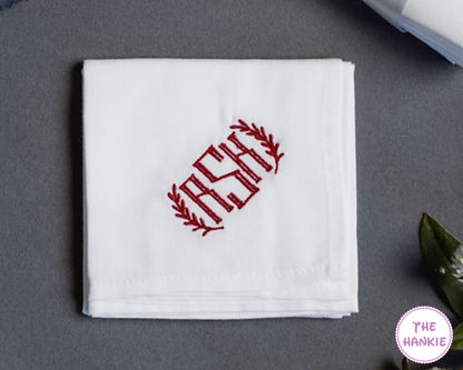 Personalized embroidered handkerchief with red ASH laurel monogram on white cotton
