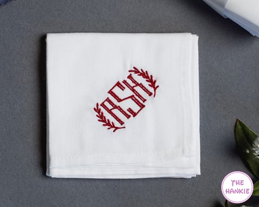Personalized embroidered handkerchief with red ASH laurel monogram on white cotton