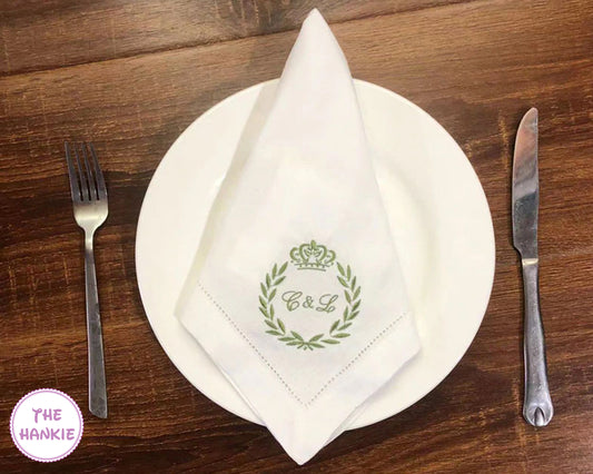 Custom embroidered cotton handkerchief with green monogram wreath for wedding table decor
