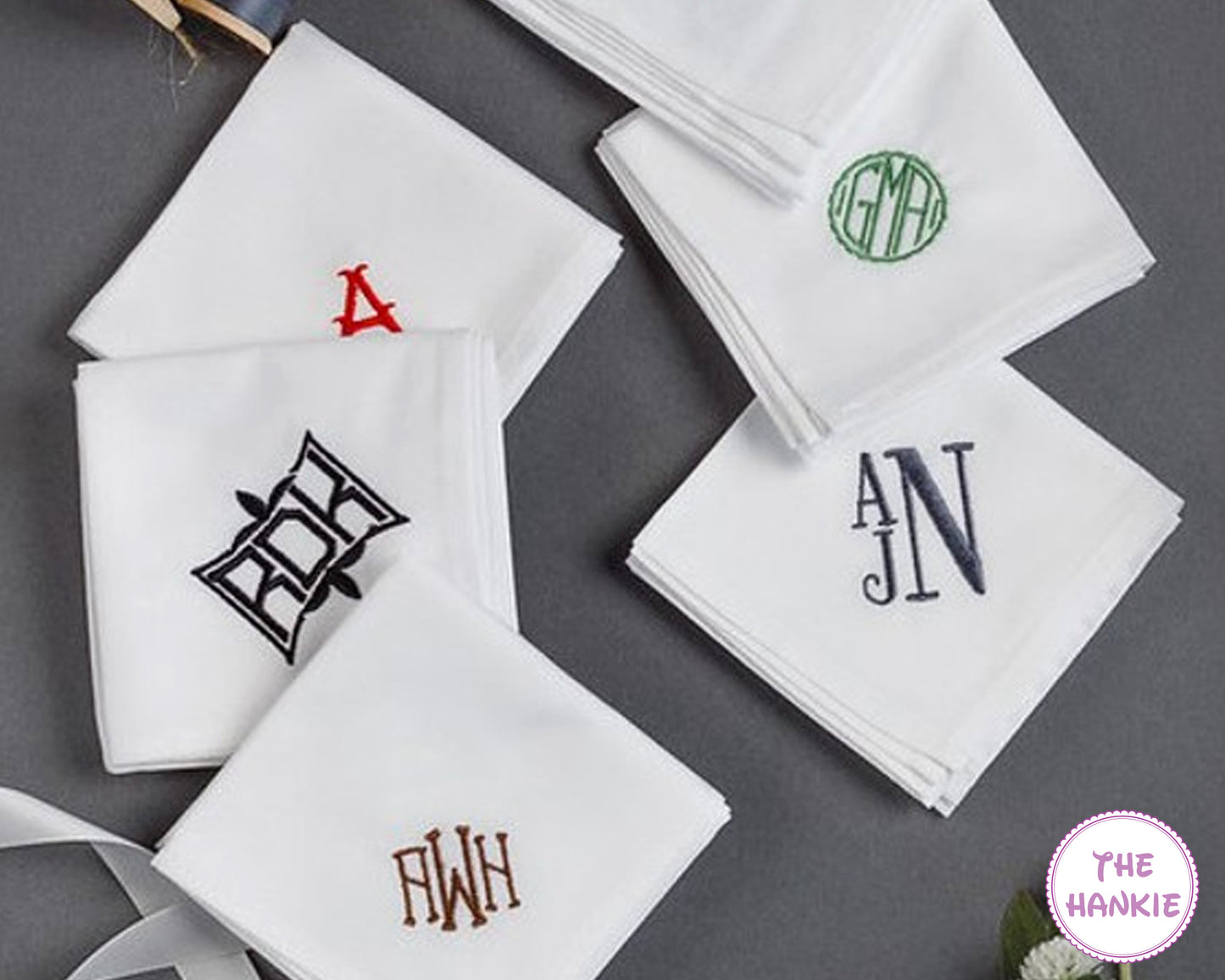Set of personalized embroidered monogram handkerchiefs for weddings and special occasions