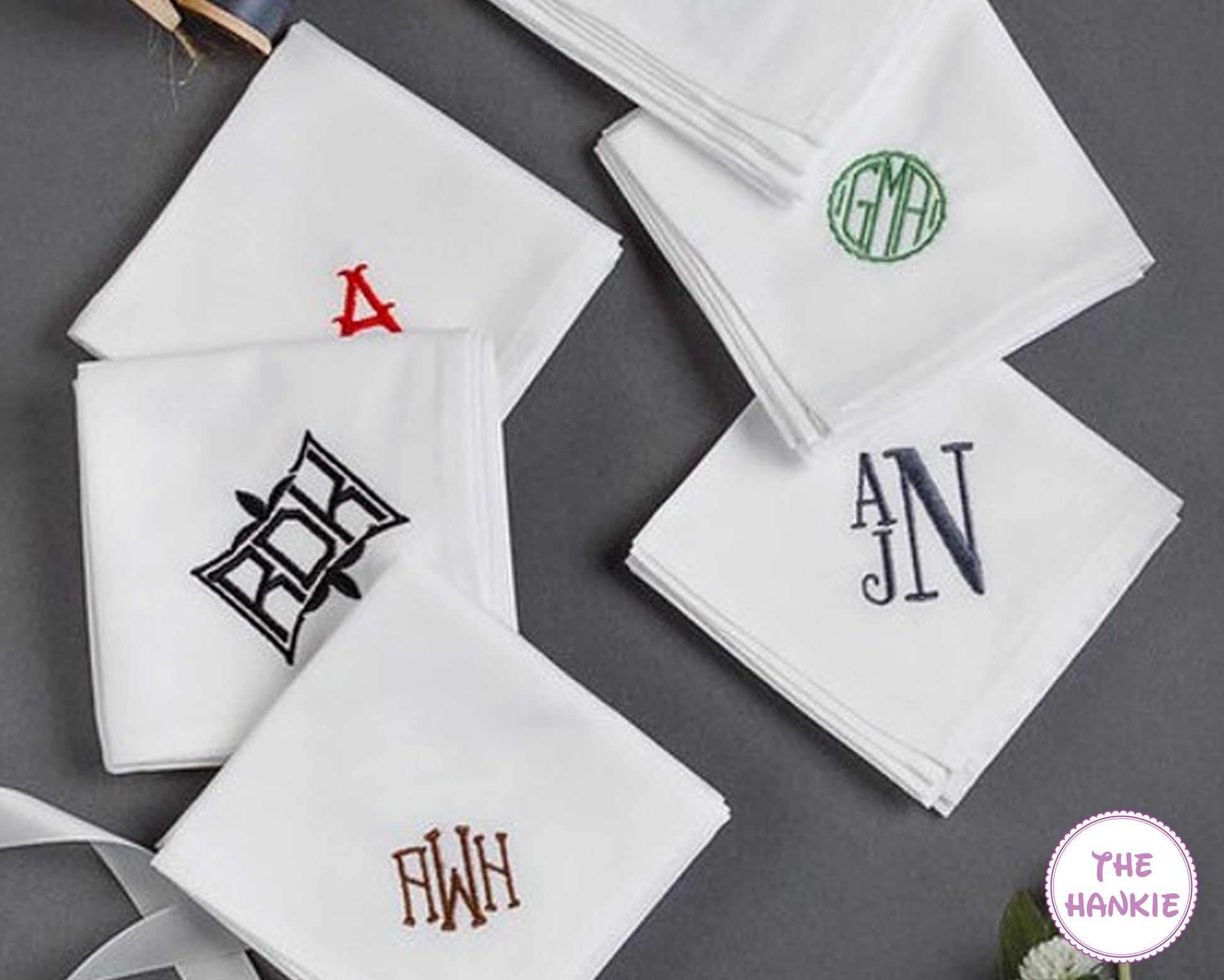 Set of personalized embroidered monogram handkerchiefs for weddings and special occasions