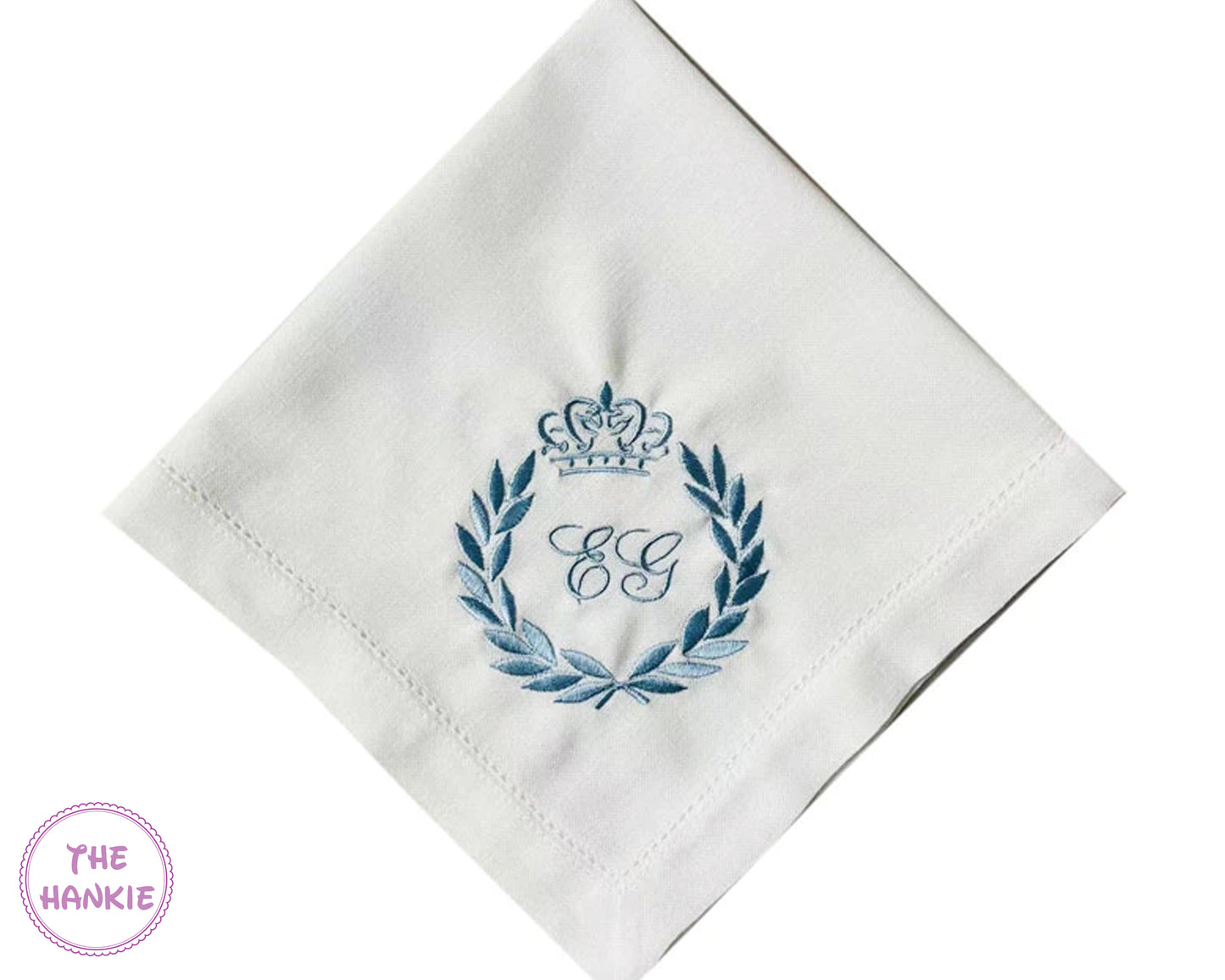 Custom white handkerchief with blue embroidered crest crown and personalized initials