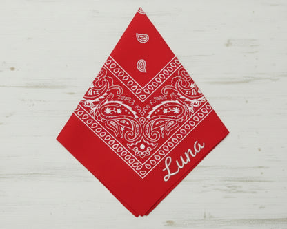 A vibrant red paisley pet bandana personalized with the name "Luna" in a white textured script.