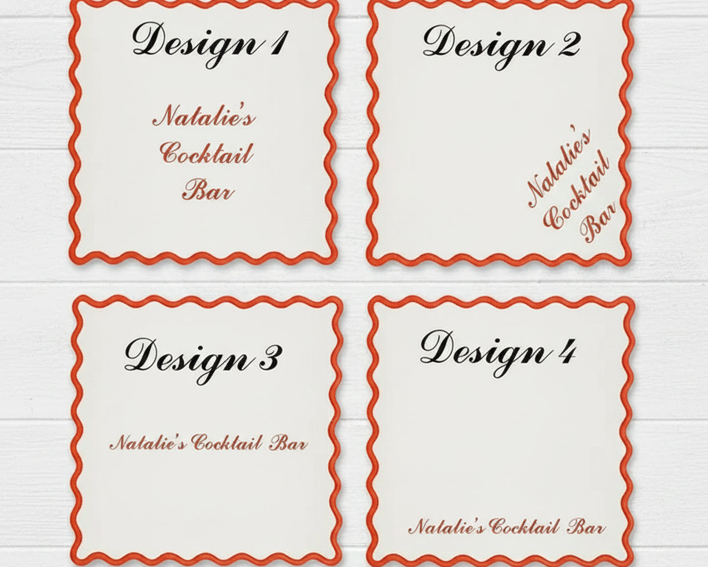 A variety of colored scalloped cotton coasters, including sky blue, peach, and white, featuring personalized embroidery for "Daniella’s Cocktail Bar" and tennis icons.