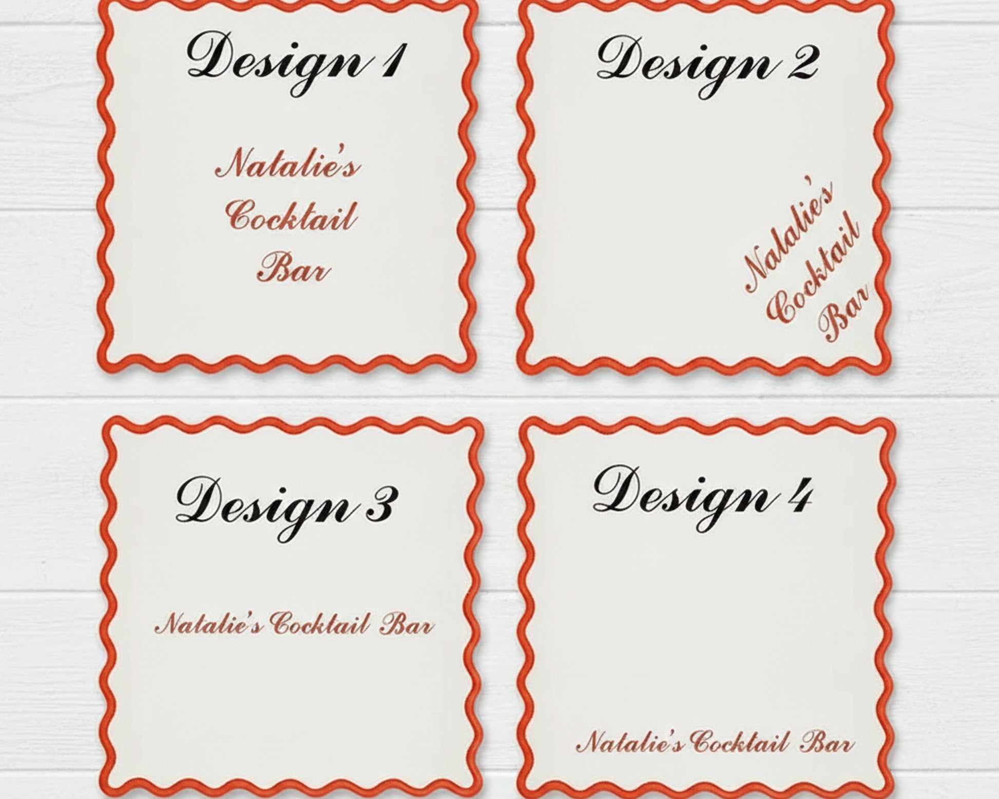 A variety of colored scalloped cotton coasters, including sky blue, peach, and white, featuring personalized embroidery for "Daniella’s Cocktail Bar" and tennis icons.