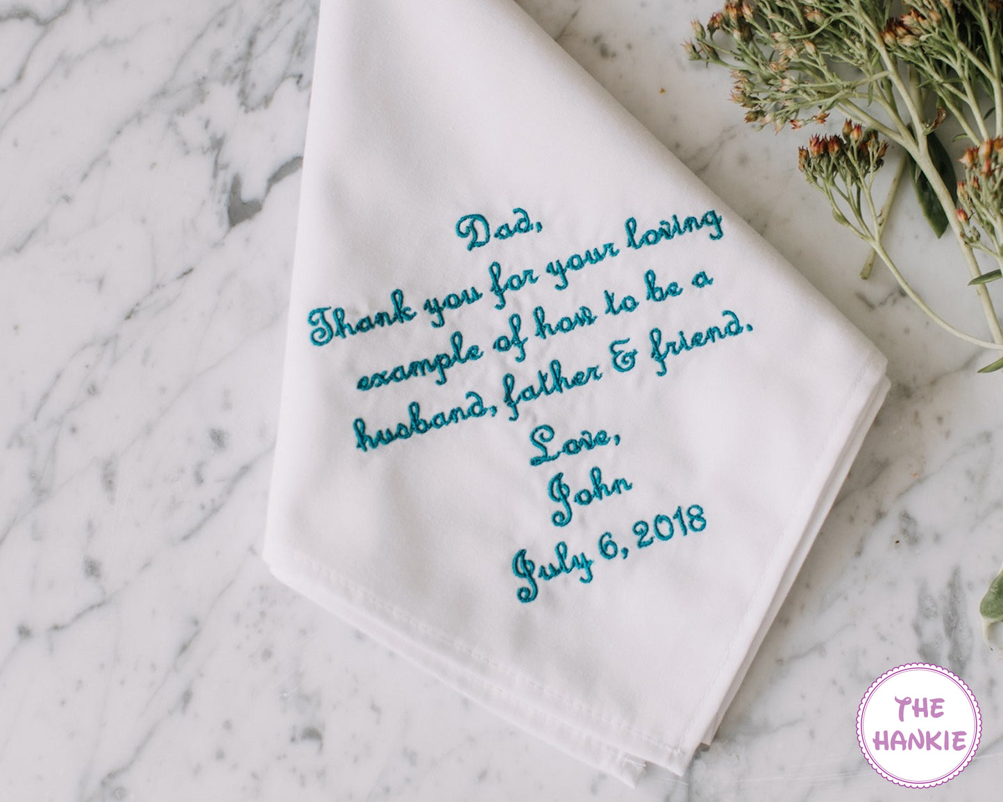 Custom embroidered wedding handkerchief for dad with loving message and wedding date