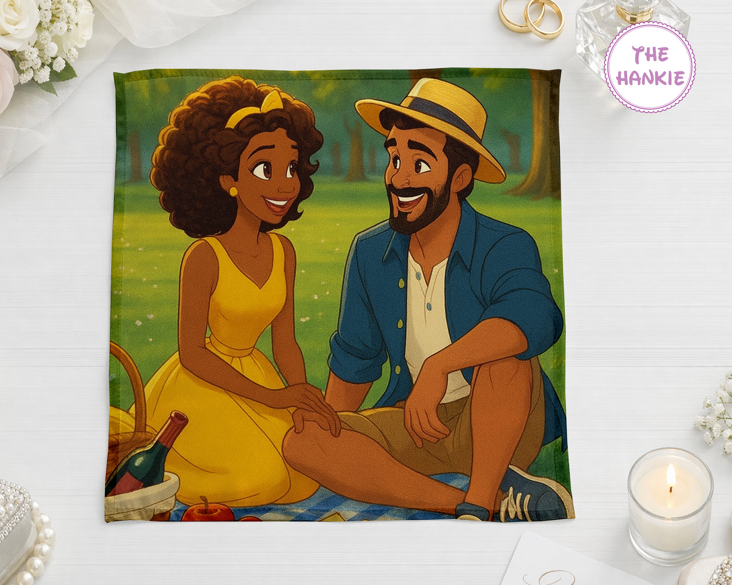 Illustration of a couple sitting together with 'The Hankie' brand visible.
